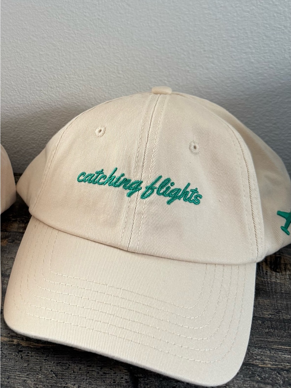 Embroidered Cream Baseball Cap with Teal Script